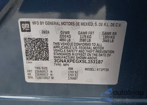 2025 Chevrolet Equinox Awd Lt z USA, uszkodzony, nr VIN 3GNAXPEGXSL153187